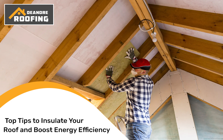 Worker installing insulation material in a roof to improve energy efficiency.